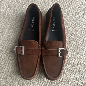 Prada Women's Brown Suede Buckle Loafers